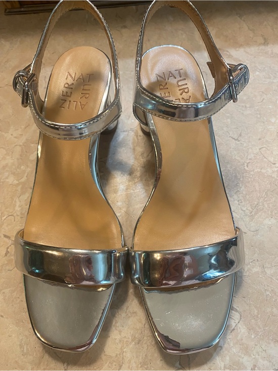 Naturalizer Shoes - Naturalizer Silver Metallic Ankle-Strap Block Heel Sandals